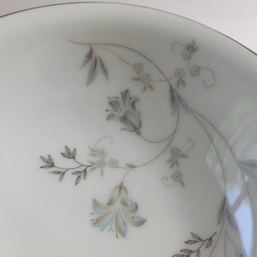 Noritake Valerie Lugged Soup Bowls Blue Gray Floral Platinum Trim #5812
